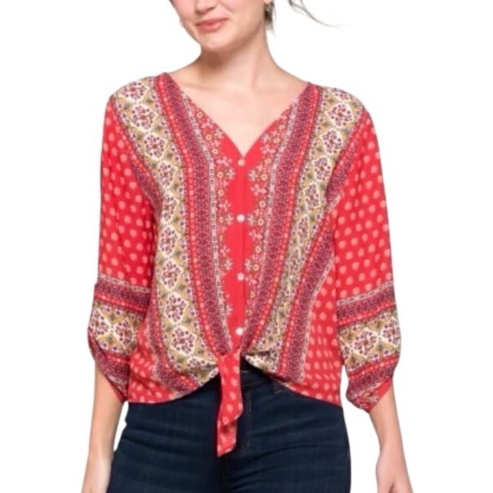 West Kei Red Boho Floral Medallion Button Front Tie Hem Roll Tab Sleeve Blouse M